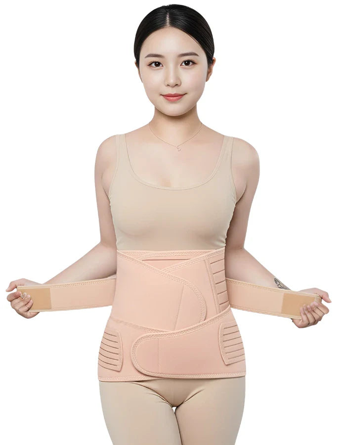 A woman adjusting a beige 3-in-1 postpartum belly wrap for C-section recovery, waist, and pelvis belt on a white background.