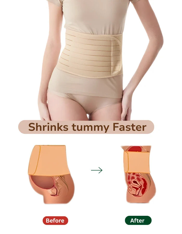 A woman wearing a postpartum tummy support wrap showing before and after views of belly reduction on a white background.