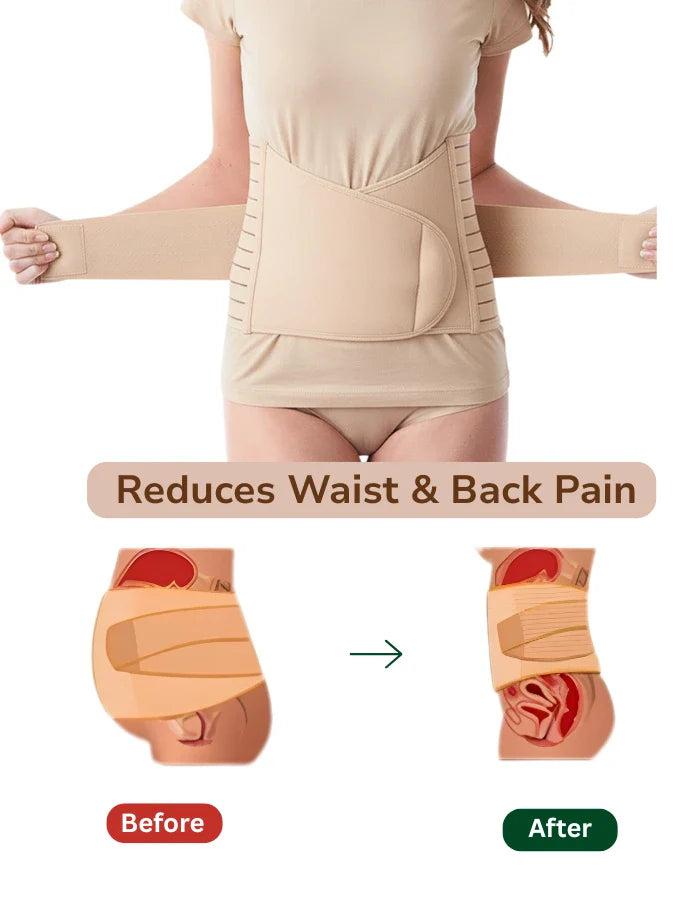A woman wearing a postpartum waist support wrap with before and after views reducing waist pain on a white background.
