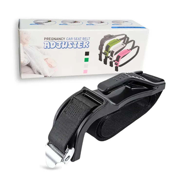 A black pregnancy car seat belt adjuster with a product box displaying various color options on a white background.
